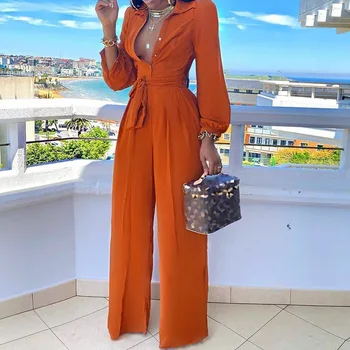 Vakarų Orange Jumpsuits Moterys Afrikos Stilius Platus Kojų Visas Ilgis Playsuits Paprastas Šalies Office Lady Ilgai Jumpsuit Mados 2021