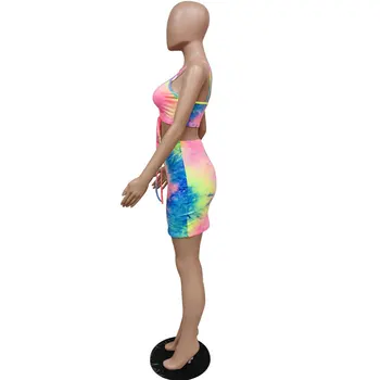 Vasaros 2020 M. Moteris Kaklaraištis Dažų Rinkiniai Spageti Dirželis Raišteliu Apkarpyti Viršūnes+Mini Bodycon Sijonai Šalies Aprangą Clubwear Dviejų Dalių Rinkiniai