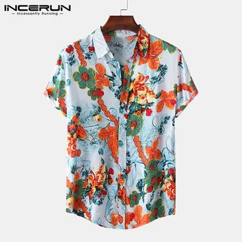 Vasaros Gėlių Spausdinti Marškinėliai Vyrams trumpomis Rankovėmis Atsitiktinis Medvilnės Atvartas, Kvėpuojantis Mens Havajų Marškinėliai Streetwear Paplūdimio Camisa INCERUN