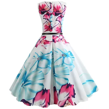 Vasaros Gėlių Suknelės Moterims 50 60s Big Swing Hepburn Vintage Retro Rockabilly Pin Up Suknelė Plonas Elegantiškas Šalis Saulės Dres
