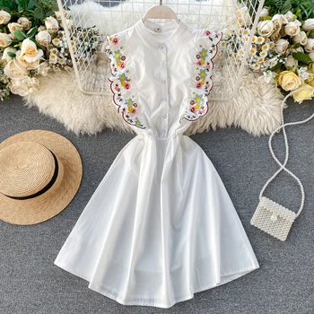 Vasaros korėjos Seksualus paplūdimio suknelė šalis išsiuvinėti balta raukiniai mini Suknelė moterų 2020 m. Moterų mini Retro balta Suknelė moterims