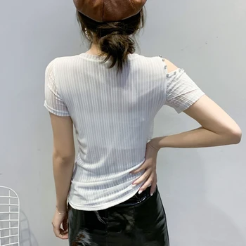 Vasaros Mados korėjiečių Drabužius T-shirt Seksualus Off Peties Raukiniai Deimantų Moterų Viršūnių Ropa Mujer Trumpas Rankovės Tees 2020 Naujas T03503