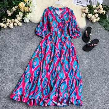 Vasaros Moterų Suknelė Retro Etninės Spausdinti V-kaklo, Trumpas rankovėmis Ilga Suknelė Nauja Juosmens Lieknėjimo Pynimas Moterų Suknelės LL946