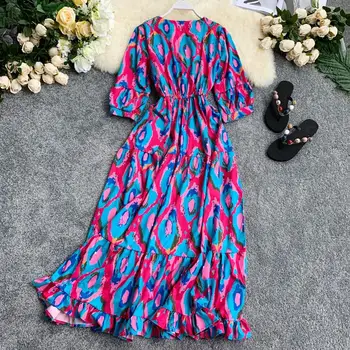 Vasaros Moterų Suknelė Retro Etninės Spausdinti V-kaklo, Trumpas rankovėmis Ilga Suknelė Nauja Juosmens Lieknėjimo Pynimas Moterų Suknelės LL946