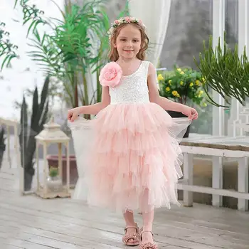 Vasaros Nauja Mergina Princesė Dress Nėrinių Gėlių Pakopų Tiulio Vidurio Blauzdos Sundress Už Vestuves Vaikų Drabužių E17103