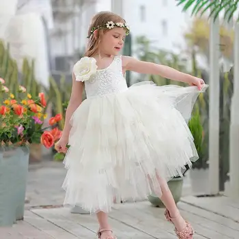 Vasaros Nauja Mergina Princesė Dress Nėrinių Gėlių Pakopų Tiulio Vidurio Blauzdos Sundress Už Vestuves Vaikų Drabužių E17103