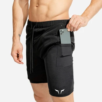 Vasaros nauji vyriški sportiniai šortai 2 in 1 saugos kišenėje seksualus veikia šortai vyrų dvigubo sluoksnio kvėpuojanti fitneso mokymo kelnės