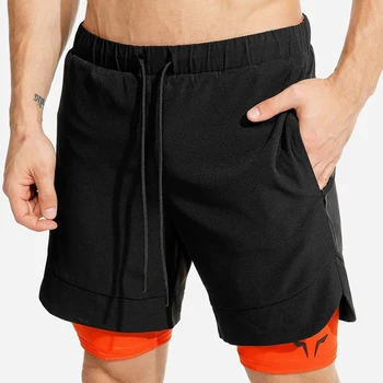 Vasaros nauji vyriški sportiniai šortai 2 in 1 saugos kišenėje seksualus veikia šortai vyrų dvigubo sluoksnio kvėpuojanti fitneso mokymo kelnės