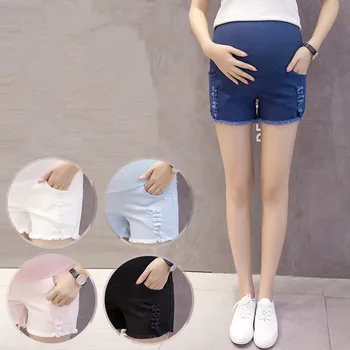 Vasaros nėščių moterų džinsus skylių nėštumo džinsinio audinio kelnės kojas šortai aukštos elastinga pilvo petnešomis motinystės drabužius