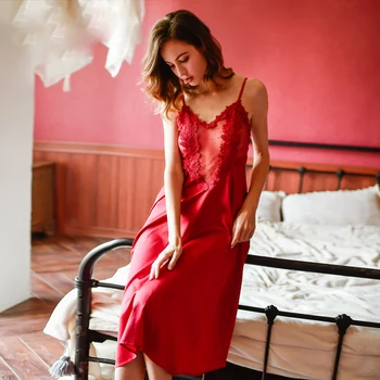 Vasaros Raudona Seksualus Šilko Pižamą Gėlių Perspektyvos Diržas Nightdress Miego Dėvėti Moteriški Pižamą Sleepwear Nightgowns Moterims