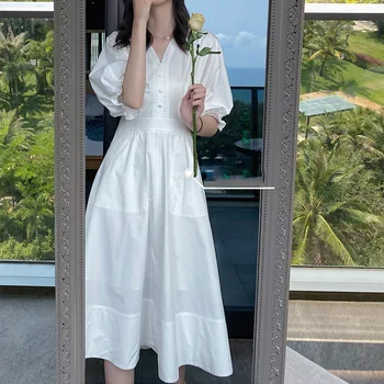 Vasaros Suknelė Moterims, Elegantiškas Pusę Bell Sluoksniuotos Rankovėmis Mygtukai Plonas Juosmens Linijos Baltos Medvilnės V-Kaklo Suknelė, Paplūdimio Drabužius Temperamentą