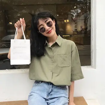 Vasaros Vientisos Spalvos Elegantiškos Trumparankoviai Marškinėliai Moteris Studentų Korėjos Stiliaus Kolegijos Stilius Laisvas Half-Sleeve Shirt Paprasta Dugno