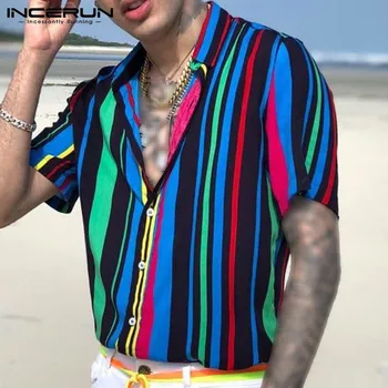 Vasaros vyriški Marškinėliai Dryžuotas trumpomis Rankovėmis Atvartas Mygtuką Streetwear Atsitiktinis Havajų Marškinėliai Paplūdimys Kvėpuojantis Camisas INCERUN S-3XL