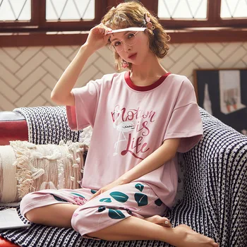 Vasarą Cartoon Pižama Nustatyti Moterų Sleepwear naktiniai drabužiai Pijama Mujer Plius dydis 3XL Prarasti Blauzdos Ilgio Kelnės Nightsuit Pižamos Femme