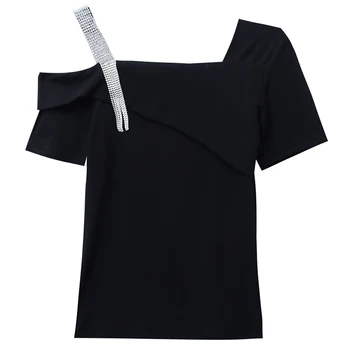 Vasarą Europos Drabužius T-shirt Mados Seksualus Pažeidimas Deimantų Grandinėje Moterų Viršūnės Peties Ropa Mujer Atsitiktinis Tees T08208L