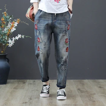 Vasarą Naujas Meno Stilius Moterims Gėlių Siuvinėti Džinsai Elastinga Juosmens Laisvi Džinsai Haremas Pants Plus Size Derliaus Ripped Jeans D555