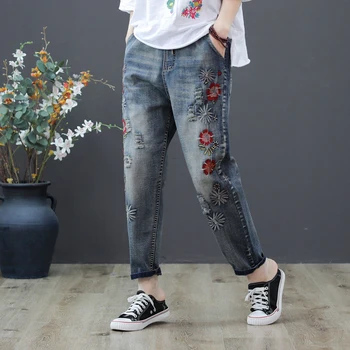 Vasarą Naujas Meno Stilius Moterims Gėlių Siuvinėti Džinsai Elastinga Juosmens Laisvi Džinsai Haremas Pants Plus Size Derliaus Ripped Jeans D555