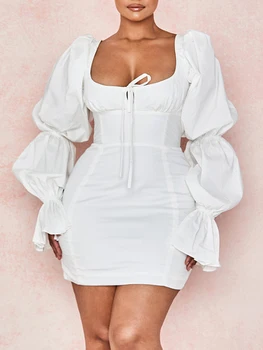 VC Visi Nemokamas Pristatymas 2020 Nauja Madinga Balta Suknelė Sudegintasis Rankovėmis Lace-up Dizainas Aikštėje Apykaklės Įžymybė Šalies Klubas Mini Suknelė