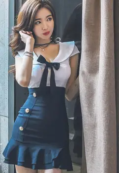 Vestidos 2018 ing Pietų korėjos akademijos vėjo seksualus naktiniai klubai vienodai karinio jūrų laivyno vienodos spalvos atvartas Bowknot flounce suknelė.