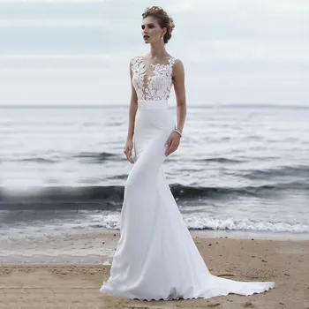 Vien Iliuzija Undinė Nėrinių Appliques Vestuvių Suknelės Slim Pavasario Paplūdimio Slidinėti Vestuvinės Suknelės 2020 Rankovių Užsakymą Bohemijos