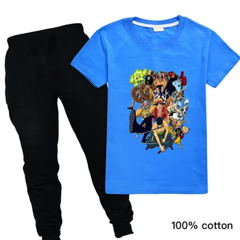 Vienas Gabalas Luffy Print T Shirt Du KOMPIUTERIUS, Nustatyti Vasaros Japonų Anime Atsitiktinis Viršūnes Vaikams Drabužių Mergaičių Padėkos Boutique Komplektai