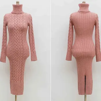 Vientisas Korėjos Suknelė 2020 M. Rudenį, Žiemą Šiltas Megztinis Suknelė Moterų Golfo Ilgomis Rankovėmis Suknelė Bodycon Elegantiškas Vestidos Suknelės