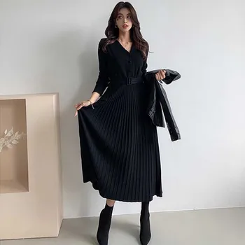 Vientisas Ponios Plisuotos Suknelės Korėjos Elegantiška Panele Megzti Megztinis Suknelė Žiemos 2020 Moterys Ilgomis Rankovėmis Knitt Suknelė Midi Suknelė