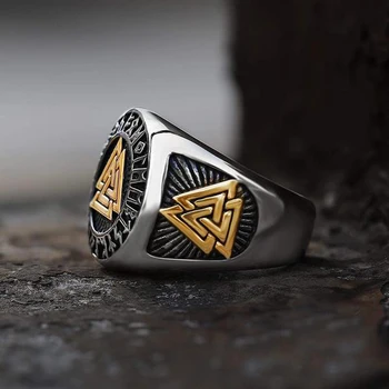Viking Mens Aukso, Du Tono Nerūdijančio Plieno Amuletas Trikampis Žiedas Odin Vegvisir Žiedai Šiaurės Talismanas Papuošalai OSR549
