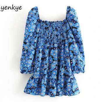 Vintage Blue Gėlių Spausdinti Suknelė Moterims Žibintų Rankovės Kvadratinių Kaklo-line Suknelė Šiuolaikinių Moterų Atostogų Vasarą Mini Šifono Suknelė