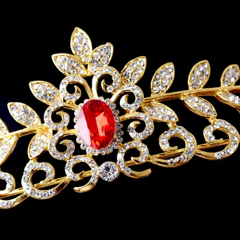 Vintage Gold Leaf Nuotakos Rožančiai Red Crystal Vestuviniai Kaspinai Vestuvių Princess Crown Plaukų Aksesuarai