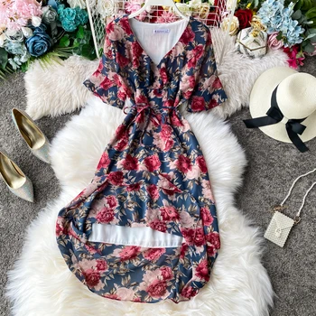 Vintage V Kaklo pavasario 2021 gėlių spausdinti suknelė midi ilgio šifono vasaros Šalis suknelės Moterims, elegantiška tunika-line paplūdimio kaklaraištis suknelė