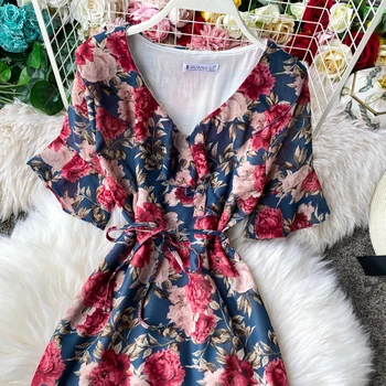 Vintage V Kaklo pavasario 2021 gėlių spausdinti suknelė midi ilgio šifono vasaros Šalis suknelės Moterims, elegantiška tunika-line paplūdimio kaklaraištis suknelė