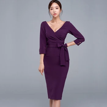 Violetinė Suknelė Vienas gabalas Ponios Korėja OLIS temperamentas v-kaklo, ilgomis Rankovėmis su moterų Office 