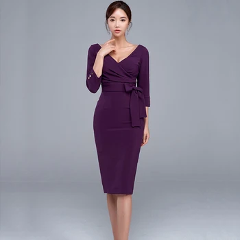 Violetinė Suknelė Vienas gabalas Ponios Korėja OLIS temperamentas v-kaklo, ilgomis Rankovėmis su moterų Office 