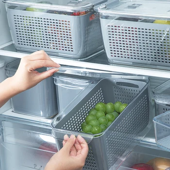 Virtuvės Saugojimo Konteineriai, Plastikiniai Šviežių Laikyti Dėžutėje Šaldytuve Vaisių, Daržovių Nutekėjimo Krepšelį Uždaromos Laikymo Dėžutė Su Dangčiu