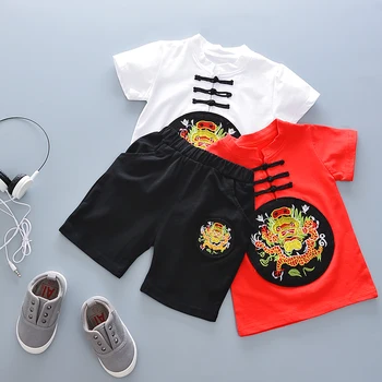 Viršūnės ir kelnės vaikams, kūdikių kinų stiliaus Tradicinio Siuvinėjimo naujųjų metų berniuko drabužius vasarą 2 gabalas oufits Tango kostiumas