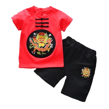 Viršūnės ir kelnės vaikams, kūdikių kinų stiliaus Tradicinio Siuvinėjimo naujųjų metų berniuko drabužius vasarą 2 gabalas oufits Tango kostiumas