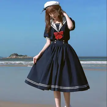 VOOCIEC Vasaros naują Japonų Jūreivis Vienodas Trumpas Rankovės saldus karinio jūrų Laivyno apykakle suknelė moteris studentų kolegijos vidurio ilgio suknelė