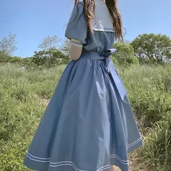 VOOCIEC Vasaros naują Japonų Jūreivis Vienodas Trumpas Rankovės saldus karinio jūrų Laivyno apykakle suknelė moteris studentų kolegijos vidurio ilgio suknelė