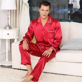 Vyrai Pižama Šilko Satino ilgomis rankovėmis Minkštas Jaukus Miego Viršūnes Kelnės naktiniai drabužiai Spausdinti Mens Pajama Nustatyti, AR Siuvinėjimo Lankelio Sleepwear