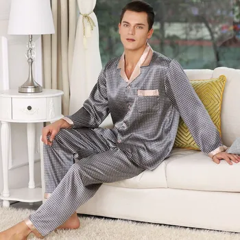 Vyrai Pižama Šilko Satino ilgomis rankovėmis Minkštas Jaukus Miego Viršūnes Kelnės naktiniai drabužiai Spausdinti Mens Pajama Nustatyti, AR Siuvinėjimo Lankelio Sleepwear
