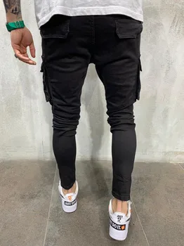 Vyrų Drabužiai-Hip-Hop Liesas Džinsus Motociklo Džinsinio Audinio Kelnės Multi-Kišenės Dizaineris Black Jeans Mens Atsitiktinis Vyrų Džinsai Kelnės