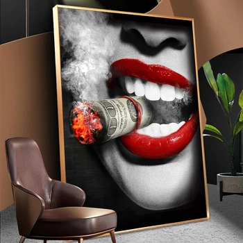 WANGART plakato spauda aukštos kokybės raudona Seksualus Lūpų Moteris Cigarečių Aliejaus Tapybai, Drobė Sienos Nuotraukas Kambarį Namų Dekoro