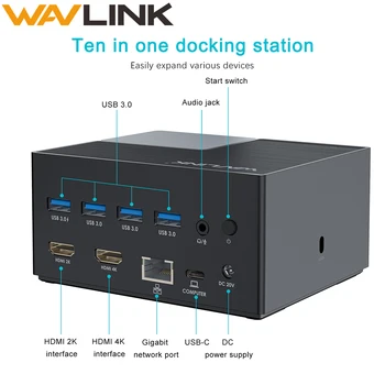 Wavlink Universalus USB C Docking Station 4K Dvigubas Ekranas Su 4xUSB 3.0 65W PD Įkrovimo Gigabit Ethernet Dock For Windows, Mac OS