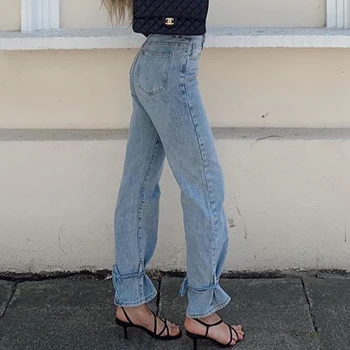 Weekeep Atsitiktinis Aukšto Juosmens Tvarstis Nėrinių formos dugną Skristi Džinsus Sexy Moterų Mados Tiesiai Džinsinio Krovinių Kelnės Streetwear Apranga Džinsai