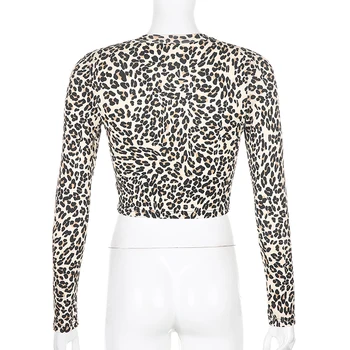 Weekeep Leopardas Spausdinti Streetwear moteriški marškinėliai Rudenį ilgomis Rankovėmis V-kaklo, Mados Cardigan Gatvės Stiliaus Apkarpytos Tee Harajuku
