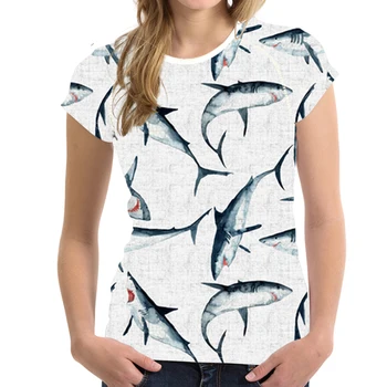 WHEREISART Mados Marškinėliai Moterims Ryklys Spausdinimo T-shirt Ladies Dizaino Marškinėliai, Femme Harajuku Tees Viršūnes Paauglių Mergaičių Drabužiai