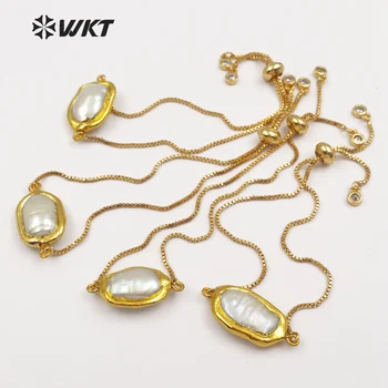WT-B413 WKT Madinga natūralių gėlavandenių perlų apyrankės ovalo formos perlas su aukso padengtą metalo reguliuojamas moterų apyrankės