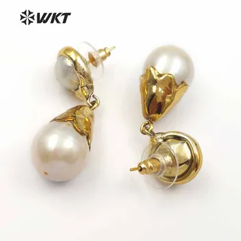 WT-E470 Naują atvykimo Gražus Vandens lašas Specialaus Dizaino Klasikiniai Natūralios baroko perlo Auskaru su pilna aukso, moterų papuošalai