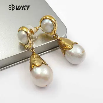 WT-E470 Naują atvykimo Gražus Vandens lašas Specialaus Dizaino Klasikiniai Natūralios baroko perlo Auskaru su pilna aukso, moterų papuošalai